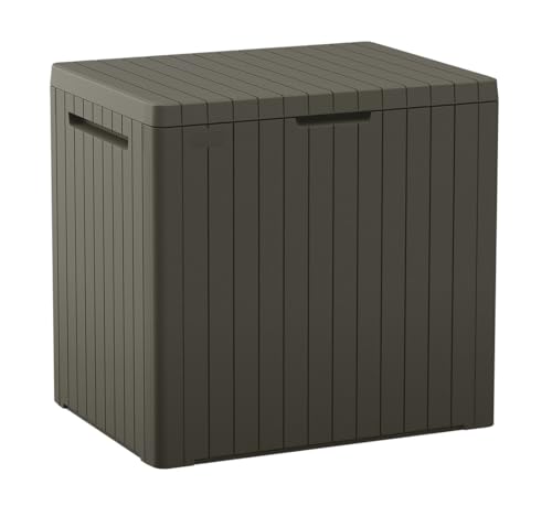 Image of Keter City 30 Gallon Resin Outdoor Storage Box and Patio Furniture Side Table for Pool and Garden Accessories, Taupe