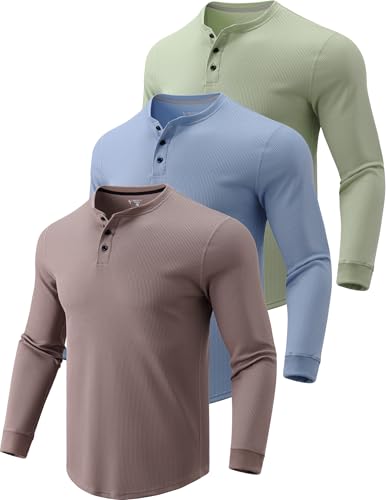 3 Pack Mens Waffle Henley Thermal Long Sleeve Shirts, Casual
