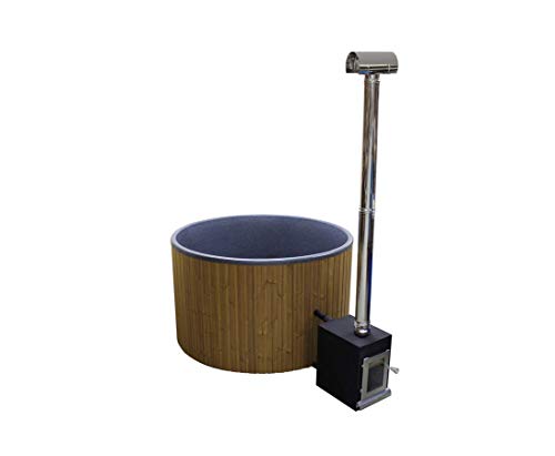 bambus-discount.com Hot Tub 180cm Set montiert mit Holzofen und Polyethylen Wanne schwarz marmoriert für Urlaub zu Hause