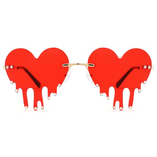COASION Red Melting Heart Fire Flame Glasses for Women Men Rimless Halloween Costume Sunglasses Shades with Rhinestone3
