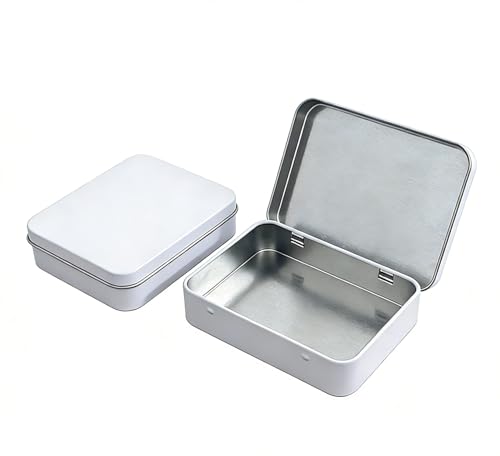 Image of Flip-Top Tin Rectangular Metal Tin Boxes with Hinged Lids, Empty Storage Containers in for Gift Cards, Crafts, Hardware & EDC Survival Kits (White, 2 Pcs 4.5 inch x 3.5 inch x 0.9 inch)