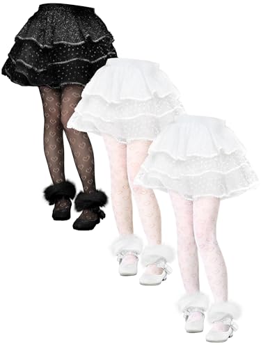 3 Pairs White Black Lace Tights for Girls Toddler Heart Hollow Sheer Stockings Dance Pantyhose for First Communion