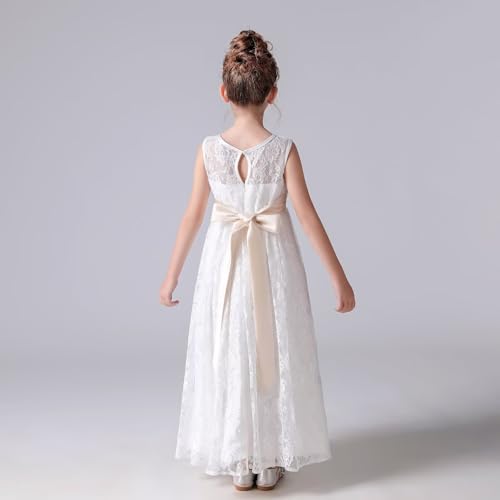 dideyttawl Lace Flower Girls Dress Sleeveless Floor Length Satin Bow Belt Sweetheart Soft Baptism Dress4