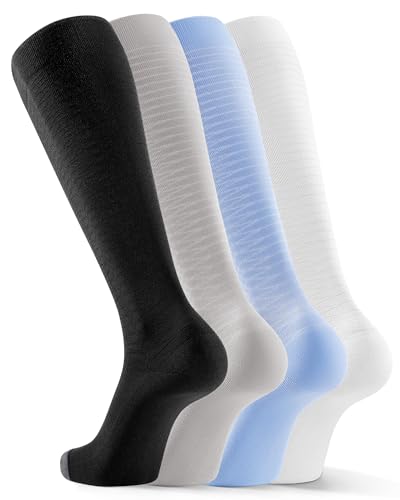 FITRELL 4 Pairs Compression Socks for Women & Men 20-30mmHg Circulation Support for Athletic Travel Daily Wear White+Black+Grey+Blue Small-Medium