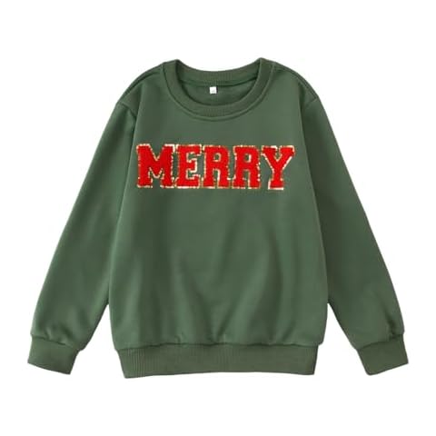 CM C&M WODRO Kids Girl Christmas Sweatshirt Merry Shirt Long Sleeve Chenille Patch Xmas Holiday Crewneck Pullover Top 7-12Y (Green, 7-8Y) Cover