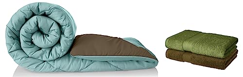 Image of Amazon Brand - Solimo Microfibre Reversible Comforter, Double (Sky Blue & Taupe Grey, 200 GSM) 100% Cotton 2 Piece Bath Towel Set, 500 GSM (Sepia Brown and Olive Green)