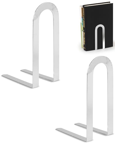 Image of Spectrum Elements Small Modern Bookends Decorative Bookshelf Organizer for Heavy & Light Books Records & More, Modern Metal Bookends with Minimalist Design Book Holder Organization, Chrome
