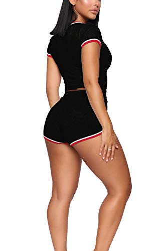 Wiholl Biker Shorts Two Piece Outfits For Women Plain Running Sets Black S #TOP3
