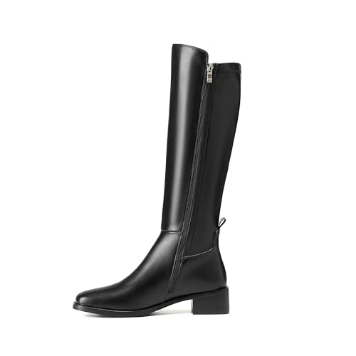 Image of vivianly Women's Knee-High Boots, Faux Leather Elastic Boots Low Heel Square Toe, Side Zipper Tall Boots