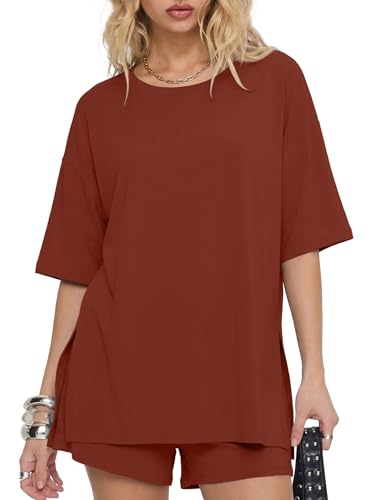 Image of Darong Women's 2 Piece Shorts Set Loungewear | oversized tshirts,crew neck top,drawstring shorts,elastic waist, side pockets,summer travel outfits