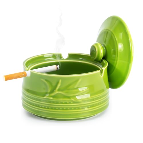 EZEJIAO Outdoor Ashtray, Cute Ashtray with Lid Ceramic Smokeless Ashtray Indoor with Bamboo Pattern, Cigarette Ashtray for Outside Patio Unique Windproof Ashtray for Desktop, Home and Office