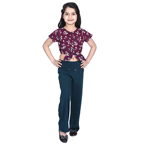 Image of LILPICKS Girls' Cotton Knot Floral Top with Polyester Stretchable Pant Set (Wine & Teal Green)