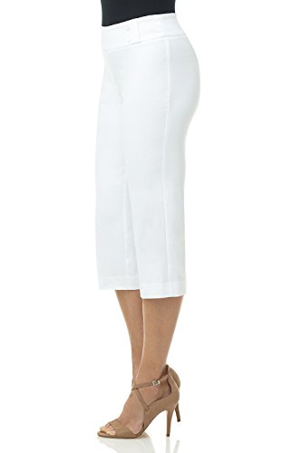 Rekucci Women’s Comfort Stretch Pull-On Capri Pants with Button Detail – Everyday Casual Wear (8, White)
