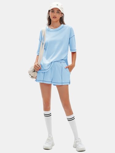 EXLURA Women's Casual Summer 2 Piece Sets 100% Cotton Short Sleeve Tshirt and Shorts Matching Sweatsuits Lounge Set 20252