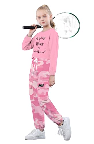 Image of SANGTREE Kids Girls Fashion 2 Piece Clothes Set, Crop Top Cargo Jogger Pants Outfit Hip Hop Dance,Pink+Camouflage red Camouflage, 11-12Y = Tag 160