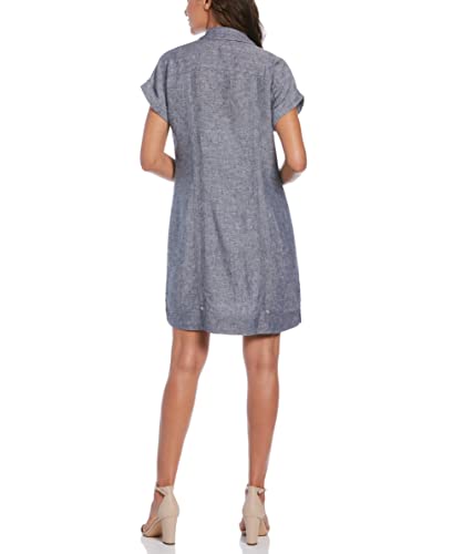 Cubavera Womens Two-Tone Two-Pocket Short Sleeve Linen Guayabera Dress, Indigo, Large Us #TOP1