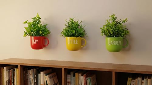 Image of Dekorly Colorful Wall-Mounted Mug Planters with Faux Greenery(20 CM)- Wall Decorative Pots for Vibrant Home & Office Decor| (3, My Little Garden)