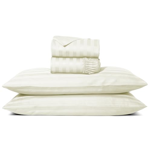Image of TEXAS LINEN CO. 100% Egyptian Cotton Full Size Sheet Set - Luxury 1000 Series Lonestar Lovin' Damask Bed Sheets Full Size (4 PC, Ivory Stripe), Cooling, 16 inch Deep Pocket Extra Long Staple Hotel Sheets