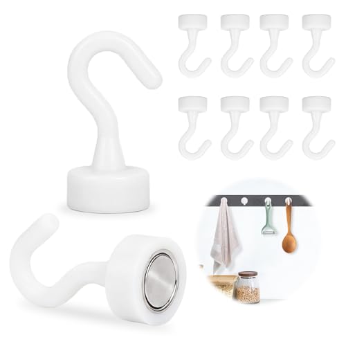 Swiftctrl 10 Crochets Aimantés Puissants et Petits Blancs, Crochets Magnétiques en avec Capacité de Portée 5 kg, pour Cuisine, Salle de Bains et Réfrigérateur, Idéal pour Serviette et Clés