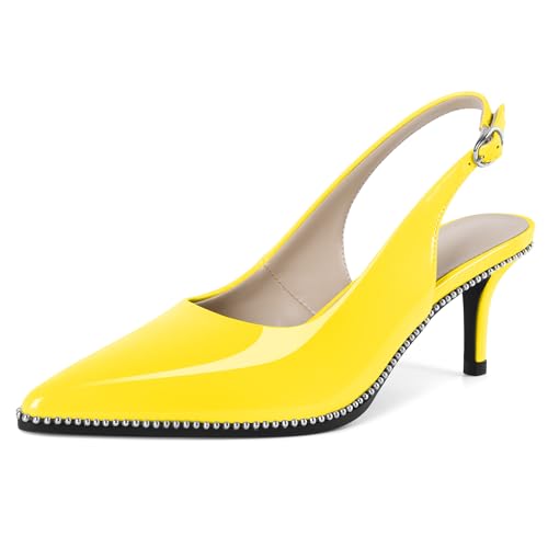 YODEKS Yellow Slingback Heels For Women Pointed Toe Kitten Heels Low Heels Pumps Beaded Shoes 2.5 Inch Size 7