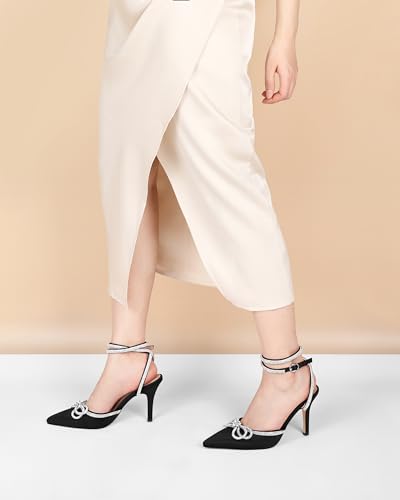 Joseywade Rhinestone Bow Heels Sparkly High Stiletto Heels Pumps Closed Pointed Toe Women Lace-up Strappy Diamond Crystal Ankle Strap Shoes for Wedding Brides Bridal Satin Black Size 73