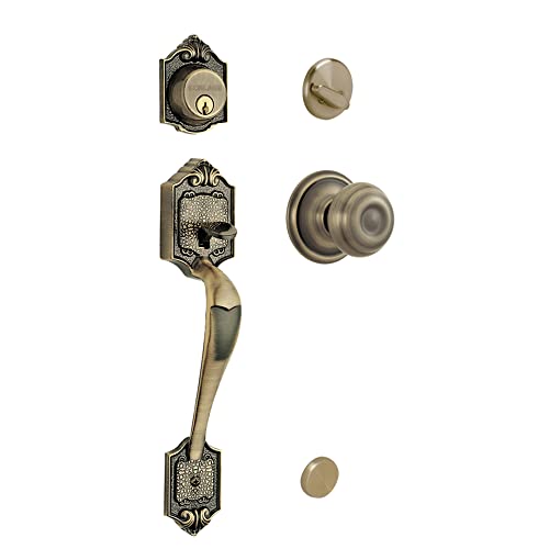 Schlage F60 V PAR 609 GEO Parthenon Front Entry Handleset with Georgian Knob, Deadbolt Keyed 1 Side, Antique Brass