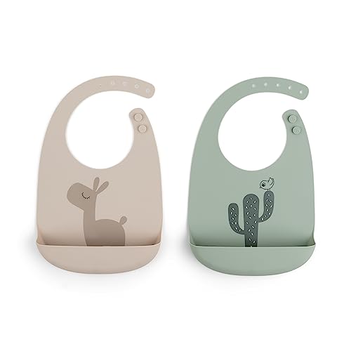 Image of Done by Deer 2-Pack Silicone Bibs - Lalee Sand & Green, Waterproof, Adjustable, Large Pocket, Easy Clean - Baby Essentials, Fun Deer & Cactus Design