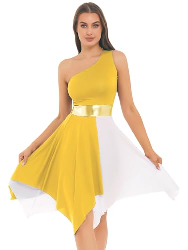 YEAHDOR Women's Asymmetrical Liturgical Praise Dress One Shoulder Color Block Worship Tunic Lyrical Dance Dress Yellow Medium