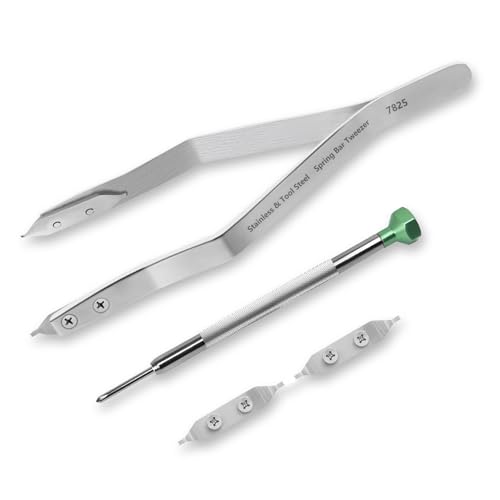 7825 Spring Bar Tweezer: 4 Working Ends Reversible + 2 Extra Replacements Watch Spring Bar Tool with Screwdriver Stainless & Tool Steel An Essential Kit for Watchmakers and Repairers Silver