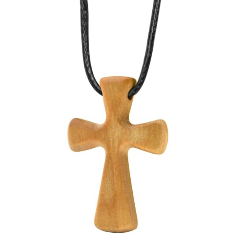 Enkrio Collier avec pendentif en forme de croix en bois naturel avec cordon en cuir réglable pour homme et femme, normal, Bois, Pas de gemme