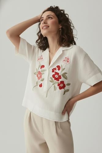 Image of ANNI Designer Women Cream Cotton Embroidered Tops | Floral Thread Work Short Sleeve Shirt | Casual Summer Wear for Office & Daily Use