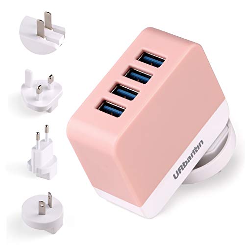URbantin Cargador internacional USB con 4 puertos USB intercambiables, adaptador de viaje (rosa)