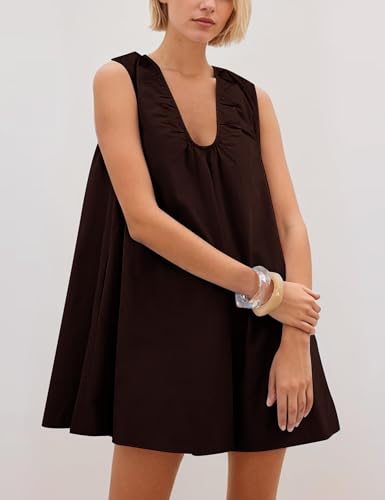 Image of Women Summer Sleeveless Babydoll Mini Dress Scoop Neck Loose Fit Tank Dresses Party Ruched Short Dress with Pockets