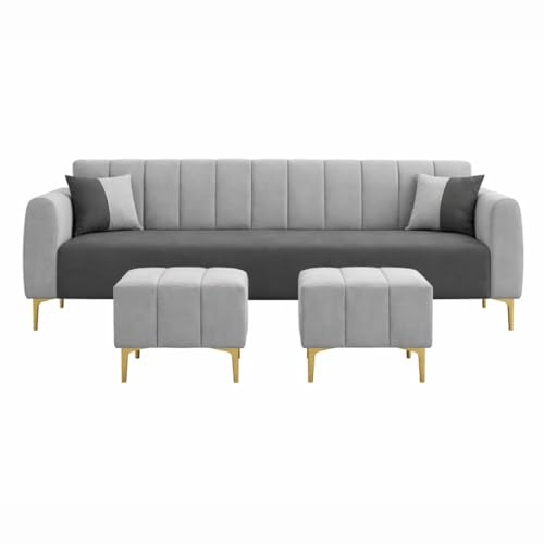 Image of Habibi 5 Seater L Shape Sofa Set with 2 Movable Ottomans | Flexible Layout | Rich Velvet Suede Fabric | Silver Legs | Dual Tone Modern Sofa for Living Room (Dark Grey-Light Grey)