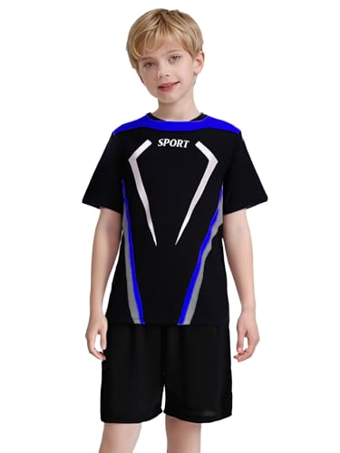 easyforever Boys Quick-dry 2-piece Football Outfit Color Block Sports Top With Shorts For Soccer Basketball Running Blue 14 Years