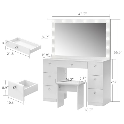 VOWNER Vanity with Lighted Mirror - Makeup Vanity Desk with Glass Top, 7 Drawers and Power Outlet, 3 Color Lighting Modes Adjustable Brightness, 44" Vanity Table with Stool for Women Girls, White