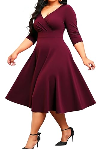 Image of Womens Plus Size Dresses Faux Wrap Summer Dress 3 /4 Sleeves V Neck 1950s Retro Vintage Wedding Party Midi Dress