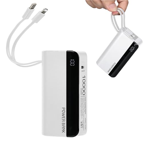 IAIGG Mini Power Bank 10000mAh, Fast Charging Portable Phone Charger with Built-in Cables (Removable), 22.5W USB C LED Display Small Battery Pack for iPhone 14 13 Samsung Galaxy Android Tablet (White)