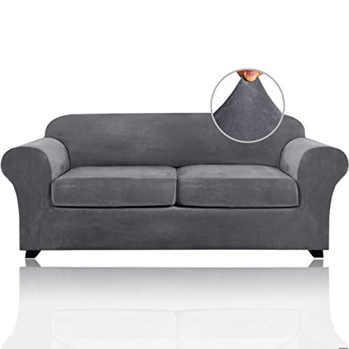 3 Pieces Sofa Covers Stretch Velvet Couch Covers for 2 Cushion Sofa Slipcovers Soft Sofa Slip Covers with 2 Non Slip Straps Furniture Covers with 2 Individual Seat Cushion Covers (Large, Grey) 3 Pieces Sofa Covers Stretch Velvet Couch Covers for 2 Cushion Sofa Slipcovers Soft Sofa Slip Covers with 2 Non Slip Straps Furniture Covers with 2 Individual Seat Cushion Covers (Large, Grey)