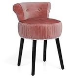 COSTWAY Samt Schminkhocker mit Lehne, gepolsterter Vanity Sitzhocker mit tief getufteter Rückenlehne und massiven Holzbeinen, Kleiner Schminkstuhl, Akzentstuhl für Schlafzimmer und Wohnzimmer (Rosa)
