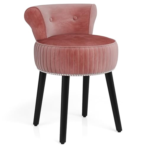COSTWAY Chaise de Coiffeuse en Velours, Tabouret Coiffeuse avec Dossier, Pieds en Bois d'Hévéa, Patins Réglables, Tabouret de Maquillage, Dossier Bas...
