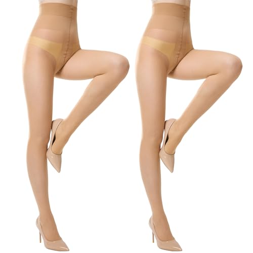 Aaronano 2 Pairs T-Crotch Rip Resistant High Waist Pantyhose with Reinforced Toes, 10 Denier Ultra Thin Sheer Tights for Women Natural Skin