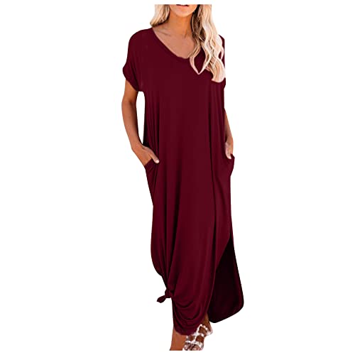 Sommerkleid Damen Lang Elegant Tunika Kleid Damen Sommer Einfarbig Kleider Frauen Locker Sommerkleider Leicht und Luftig Strandkleid mit Ärmeln...