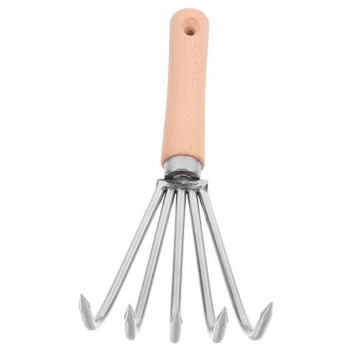 STAHAD Rastrillo Cultivador Manual Pequeño Mango de Madera y Acero Inoxidable, Adecuado para Airear Suelo y Deshierbe en Espacios de Jardinería y Huertos