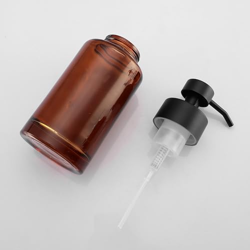 Image of H Halston Amber Glass Foaming Soap Pump Dispenser, Foaming Soap or Liquid handoap compatable, Refillable, for Bathroom or Kitchen Countertop, Bathroom, Home Decor, Amber with Matte Black Pump top
