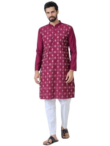 Image of See Designs Men's Full Sleeve Mandarin Collar Ethnic Motifs Embroidered Sequinned Mandarin Collar Straight Long Kurta with Pyjama - Festive Collection