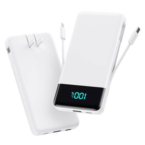Image of Portable Charger for iPhone,13800mAh Slim Power Bank with Built-in Cables & AC Wall Plug,All in One 4 Outputs USB C Fast Charging Battery Pack Travel Essential for iPhone 17 /16 /15 /14,Android (White)