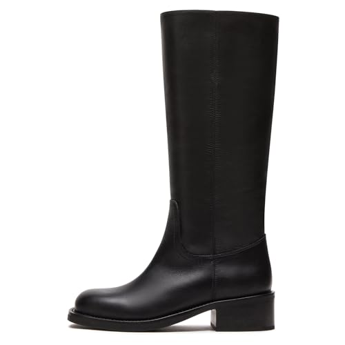 Image of Women's Knee High Riding Boots Round Toe Side Zipper Chunky Block Heel Tall Boots Comfortable Pull on Wide Calf Boots