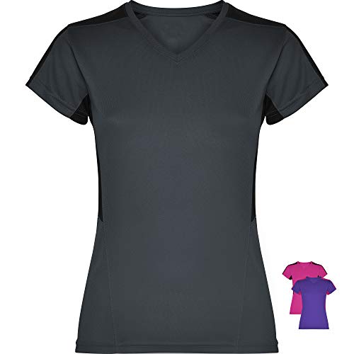 GO HEAVY Damen Funktions Fitness Sport T-Shirt Kurzarm Yoga Gym Sportshirt V-Neck Atmungsaktiv Grau/Schwarz M Cover