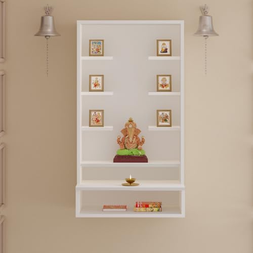 Image of BLUEWUD Shubh Mini Wall Mount Wooden Mandir for Home, Temple for Home, Pooja Stand with Storage Shelves for Idold & Frames, Compact Mandir Temple Unit for Shops & Office (DIY - White)